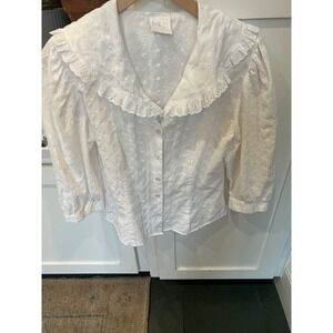 White Eyelet Ruffle Collar Blouse Vintage 100% Cotton Puff Sleeve Button Down